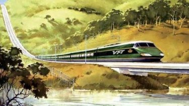 An artist's impression by Phil Belbin of the proposed VFT (Very Fast Train) in the 1980s. 