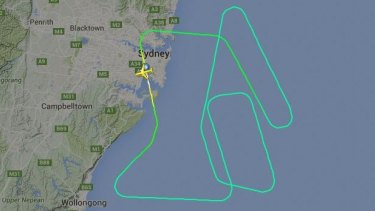 The flight path of United Airlines Flight 840, which returned to Sydney Airport, apparently after striking birds.