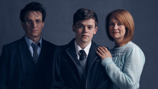 Harry (Jamie Parker), Albus (Sam Clemmett) and Ginny (Poppy Miller) in <i>Harry Potter and the Cursed Child</i> stage production.