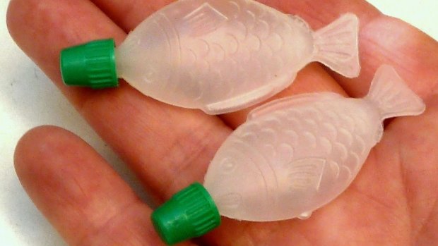 Plastic soy sauce containers known as "fishies" are used for fantasy supply.