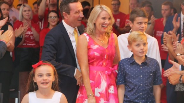 Mark McGowan enters Labor's campaign launch with his wife and kids to a standing ovation.