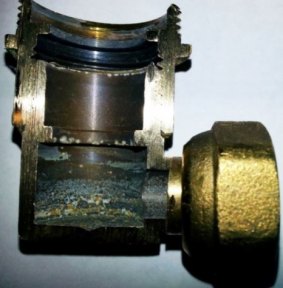 An example of visible corrosion product on the internal surface of a Cold TMV Inlet Elbow Connector