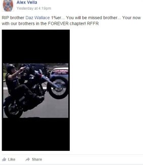 A post on the Rebels MC Australia Facebook page, paying tribute to Darren Wallace. 