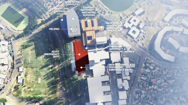 A plan of Labor's promised expansion of the Canberra Hospital, with a new "SPIRE Centre" at the Kitchener Street end of the campus.