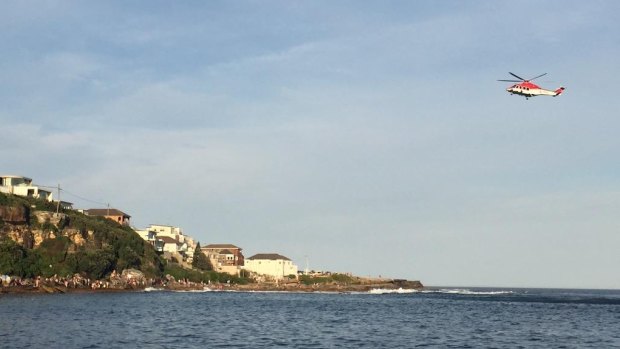 A NSW Ambulance helicopter hovered above Gordons Bay before landing on the rocks to offer assistance.