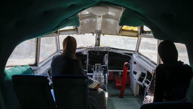 Inside the cockpit of the Boeing 707.