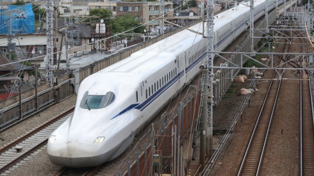 The N700S Shinkansen bullet train goes for a test run between Shinagawa and Shin-Yokohama stations in Tokyo.