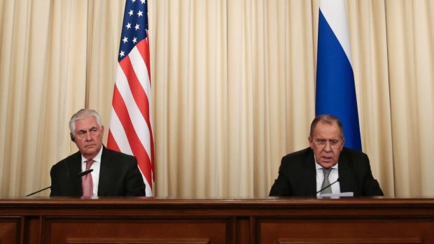 Russian Foreign Minister Sergey Lavrov, right, and US Secretary of State Rex Tillerson attend a news conference following their talks on Wednesday.