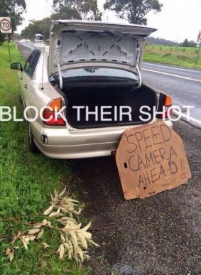 Pictures from a Facebook page encouraging drivers to obstruct police speed cameras.