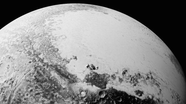 This July 14, 2015, photo provided by NASA shows a synthetic perspective view of Pluto, based on the latest high-resolution images to be downlinked from NASA's New Horizons spacecraft. 