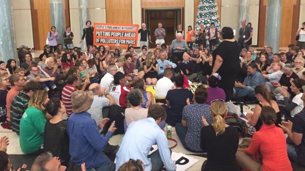 Protesters stage a sit-in at Parliament House on Wednesday. 