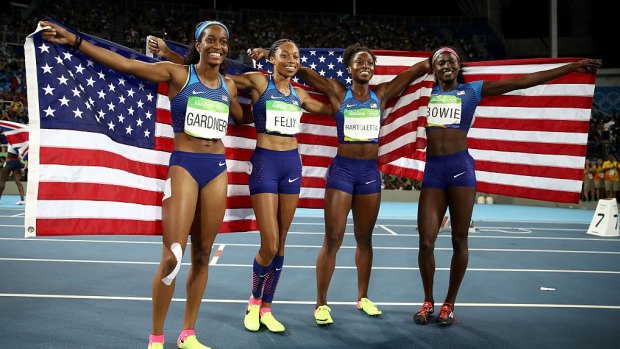 Should they have been there? The gold medal US womens 4x100m relay team.
