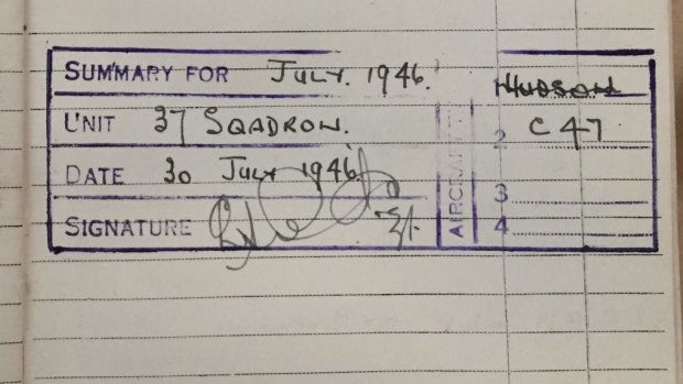An endearing spelling error in C.L. Arnold's flight logbook, leaving the "u" out of "squadron".