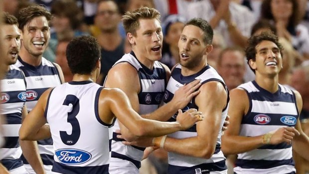 Milestone moment: Harry Taylor scores his first goal playing up forward for the Cats.