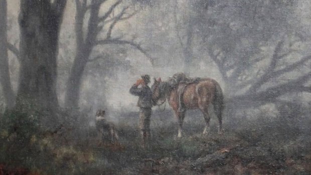 J. A. Turner. An outstanding original Australian oil on canvas depicting the swagman and dog in Australian bush, in original gilt frame. Height 24cm, Width 34cm.