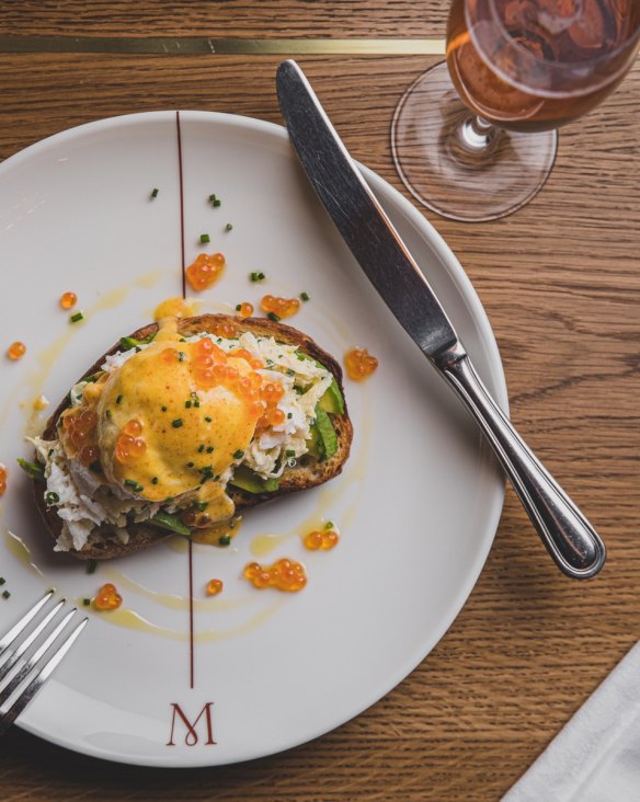Crab and avocado toast joins more traditional European dishes on Manon's breakfast menu.