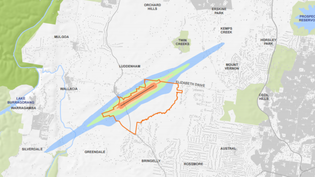 A map released by the federal government on Monday, showing the noise contours from a Badgerys Creek airport.