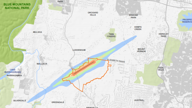 A map released by the federal government on Monday, showing the noise contours from a Badgerys Creek airport.