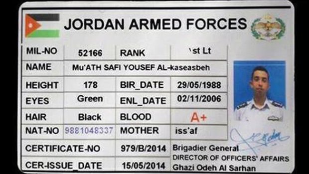 The Jordanian military identity card of captured pilot First Lieutenant Muath al-Kasasbeh, which was released by Islamic State's Raqqa Media Centre.