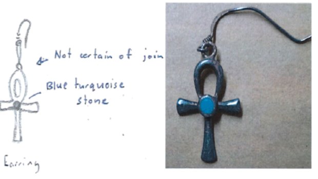 The earring sketch on the left and the actual earring found by police in the Ute.