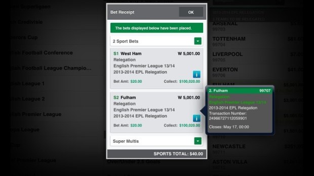 Hooker’s bet receipt, which shows the wagers were placed on the EPL relegation market. 
