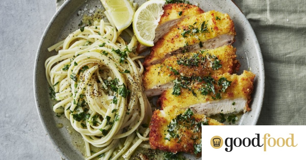 Crumbed chicken with herb and garlic butter pasta