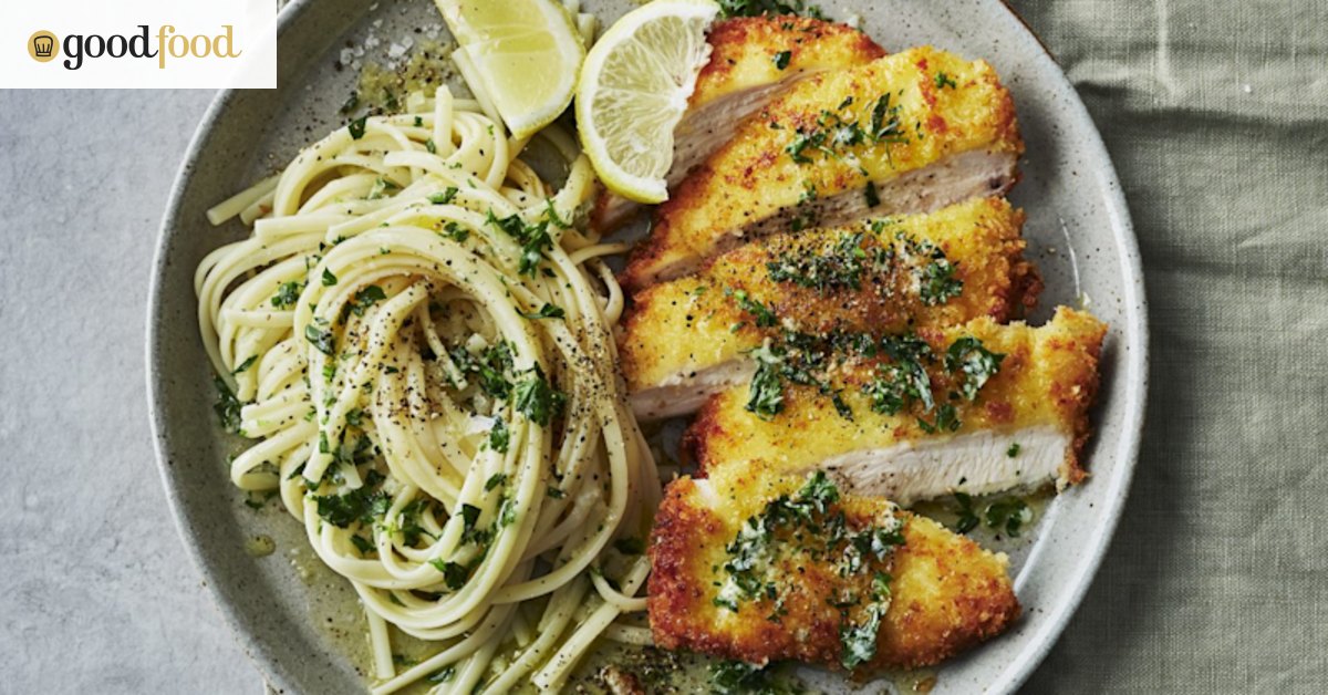Crumbed chicken with herb and garlic butter pasta