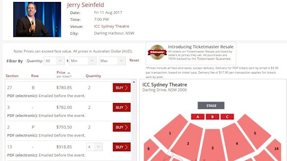 Some of the inflated prices on the Ticketmaster Resale website for Jerry Seinfeld stage show.