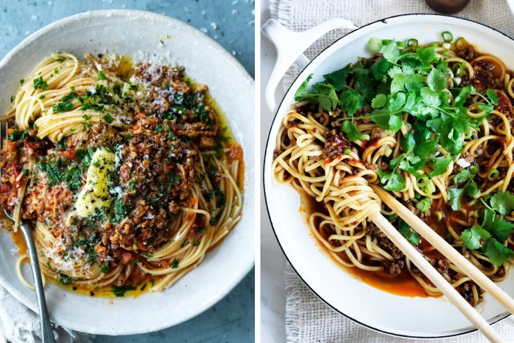 Jill Dupleix's spaghetti bolognese (left) and Hokkien noodle bolognese.