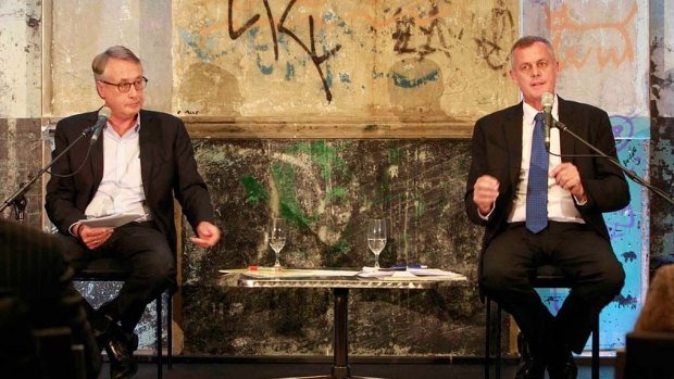 Rod McGarvie (right) and Wayne Swan at a Brisbane Times debate prior to the 2013 federal election.