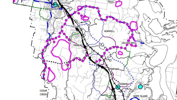 Purple dots show Pacific Motorway alternative in Gold Coast planning documents.
