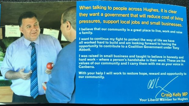 Mr Kelly handed out these flyers at a train station in his electorate on May 20. 