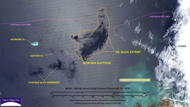 A NASA image from September 2009 shows the extent of the oil slick created by the Montara oil spill in the Timor Sea. 