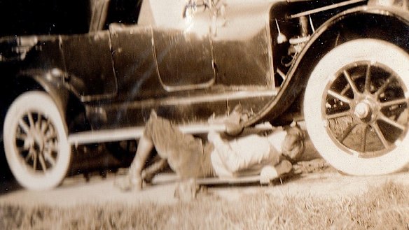 Alice Anderson on the wheeled trolley she invented.
