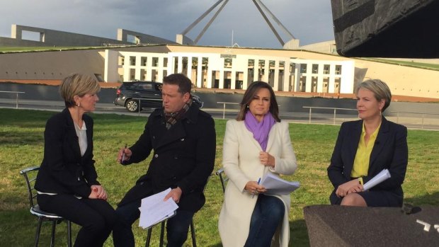 Stefanovic and Wilkinson interviewing Julie Bishop and Tanya Plibersek.