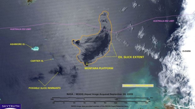 A NASA image from September 2009 shows the extent of the oil slick created by the 2009 Montara oil spill in the Timor Sea. 
