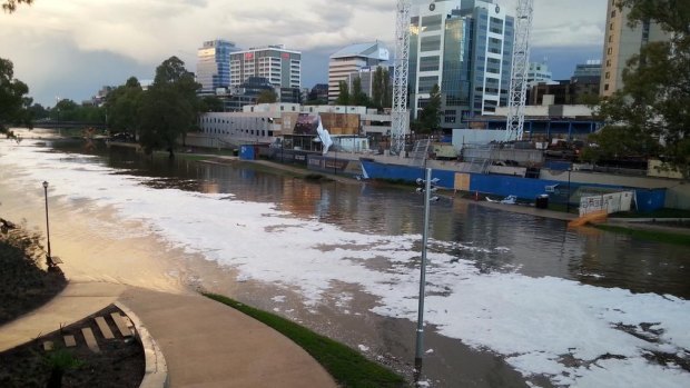 Ice floats across the Parramatta River on Saturday evening.
