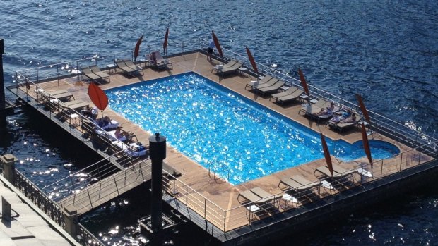 The resort's pool floats in the lake.
