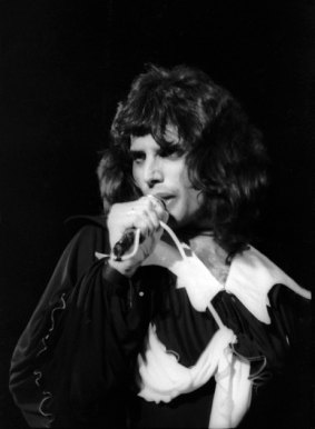 Freddie Mercury, fronting Queen, in their performance at Sunbury rock festival in 1974.