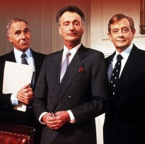 Comic characters Sir Humphrey, Jim and Bernard from <i>Yes, Minister</I>.