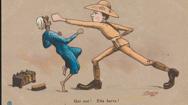 Aggressive, bullying exchange in Cairo. 1916 postcard.