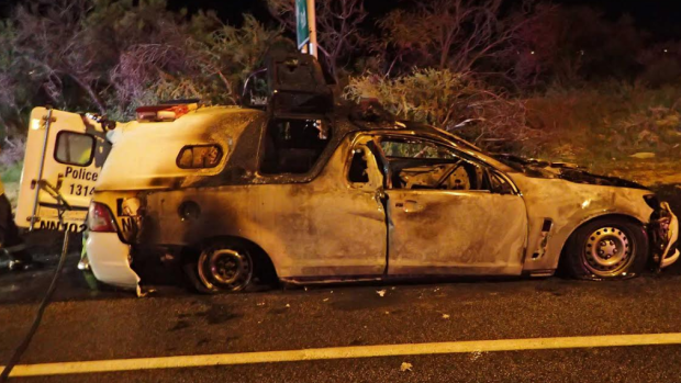 A police car burst into flames and was destroyed in Two Rocks on Friday night