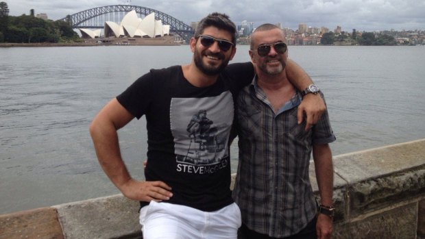 George Michael (R) with his then-boyfriend, Queensland-born Fadi Fawaz,  in Sydney in 2012.