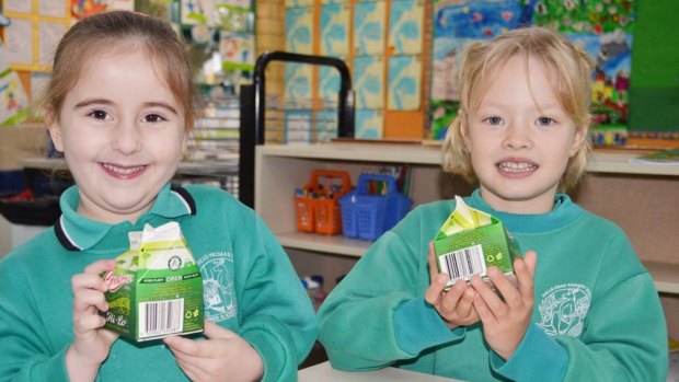Halls Head pre-primary students Sienna Angi and Alyssa Weal enjoy a calcium-rich start to the morning with Brownes Hilo milk. 