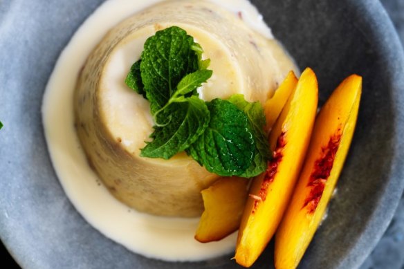 Adam Liaw's simple-set peach pudding.