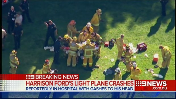 Aerial shots of the plane crash involving Harrison Ford. 