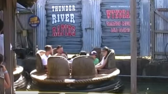 A still image from a 2013 video featuring Dreamworld's Thunder River Rapids ride.