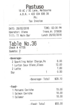 Receipt for lunch with Martine Harte at Pastuso.