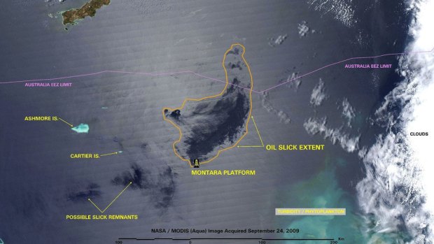 A NASA image from September 2009 shows the extent of the oil slick created by the 2009 Montara oil spill in the Timor Sea. 