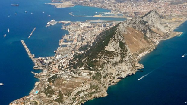 An aerial photo of Gibraltar, looking north-west, with Spain at the top right just past the airport.